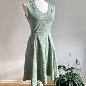 Effie’s Heart Seahorse Cotton Skater Dress w Pockets, Green & Gold Medium